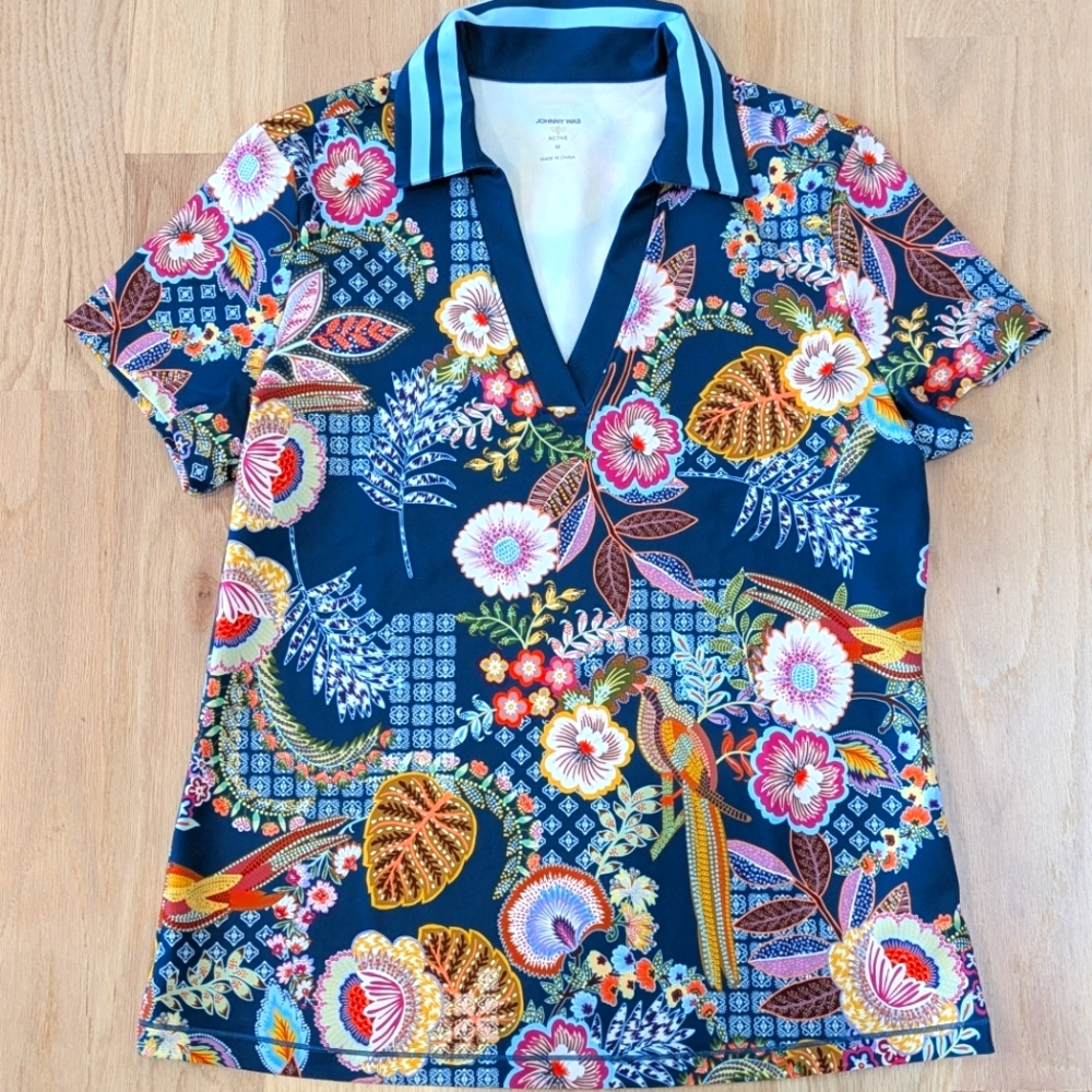 Johnny Was Wild Bird Floral Polo Shirt